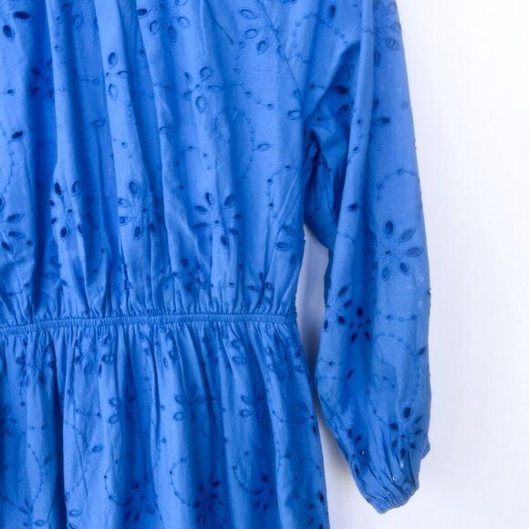 NWT H&M Blue Embroidered Eyelet Lace Long Puff Sleeve Open Back Midi Dress - Picture 6 of 14